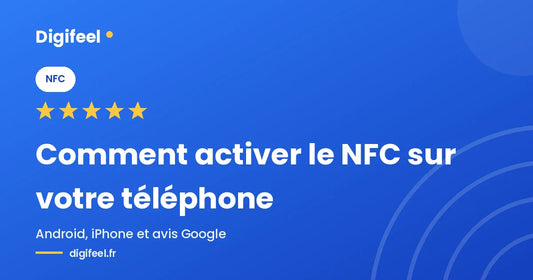 Smartphone approché d'une plaque NFC Digifeel pour laisser un avis Google
