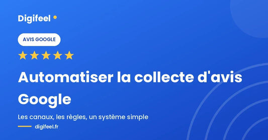 Illustration Digifeel sur l'automatisation de la collecte d'avis Google, fond bleu dégradé et cinq étoiles