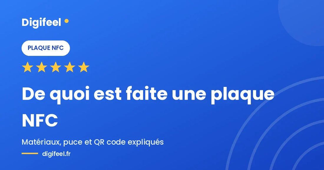 Illustration Digifeel sur les matériaux d'une plaque NFC, fond bleu dégradé et cinq étoiles