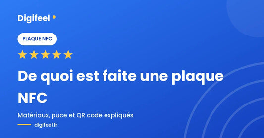 Illustration Digifeel sur les matériaux d'une plaque NFC, fond bleu dégradé et cinq étoiles