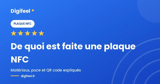 Illustration Digifeel sur les matériaux d'une plaque NFC, fond bleu dégradé et cinq étoiles
