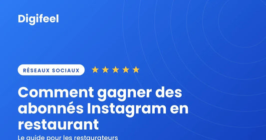 Illustration Digifeel sur la façon de gagner des abonnés Instagram en restaurant, fond bleu dégradé
