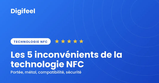 Visuel d'en-tête Digifeel bleu titré Les 5 inconvénients de la technologie NFC, avec cinq étoiles dorées