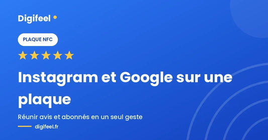Illustration Digifeel d'une plaque NFC reliant Instagram et Google, fond bleu dégradé et cinq étoiles