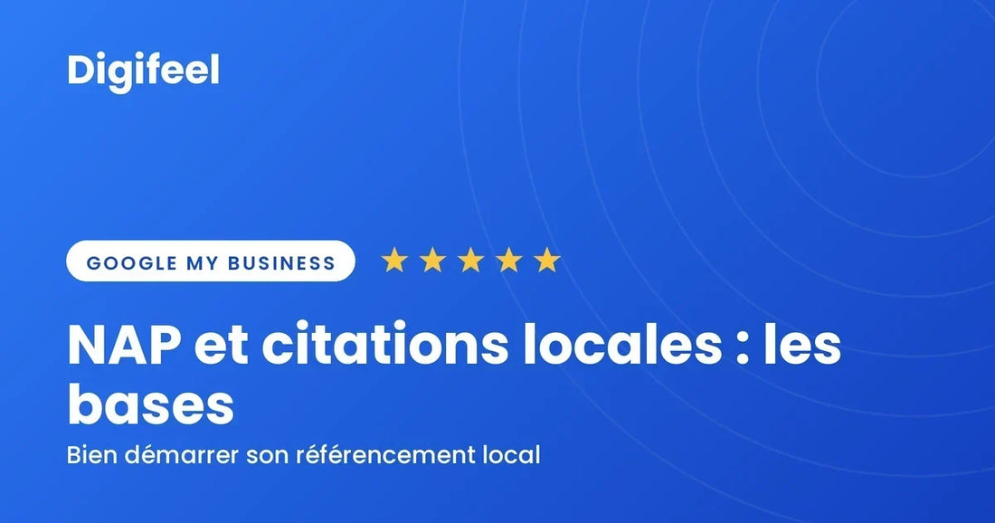 Illustration Digifeel sur le NAP et les citations locales en SEO local, fond bleu dégradé