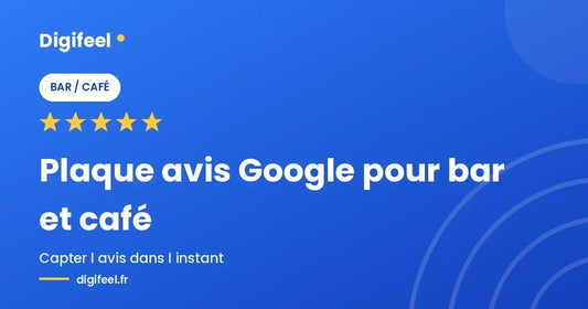 Illustration Digifeel d'une plaque avis Google pour bar et café, fond bleu dégradé et cinq étoiles