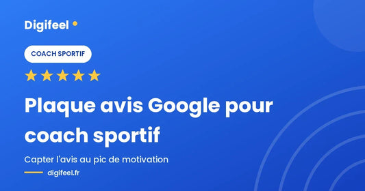 Illustration Digifeel d'une plaque avis Google pour coach sportif, fond bleu dégradé et cinq étoiles