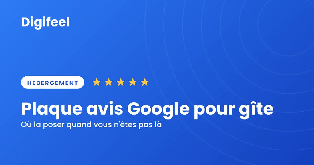 Visuel d'en-tête bleu Digifeel, pastille Hébergement et cinq étoiles dorées, titré Plaque avis Google pour gîte
