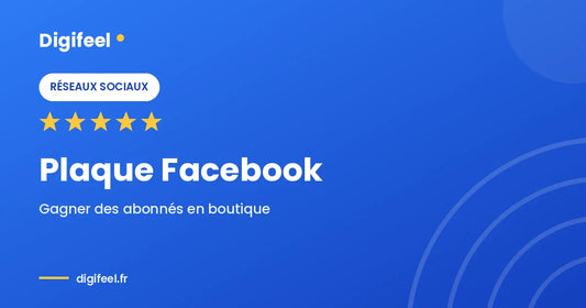 Illustration Digifeel d'une plaque Facebook NFC pour gagner des abonnés en boutique, fond bleu dégradé