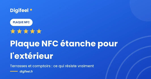 Illustration Digifeel sur les plaques NFC étanches pour l'extérieur et les terrasses, fond bleu dégradé
