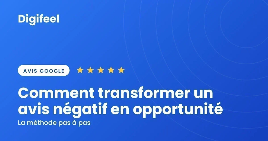 Illustration Digifeel sur la transformation d'un avis négatif en opportunité, fond bleu dégradé