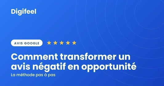 Illustration Digifeel sur la transformation d'un avis négatif en opportunité, fond bleu dégradé